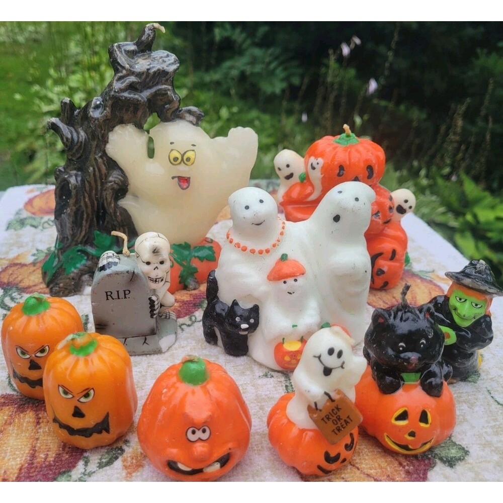 Vtg Halloween Candles Holiday Decor Ghost Witch Jack O Lantern Black Cat Russ